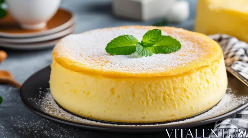 Delicious Japanese Cheesecake on Black Plate AI Image