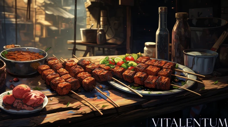 AI ART Delicious Still Life: Shish Kebabs on Wooden Table