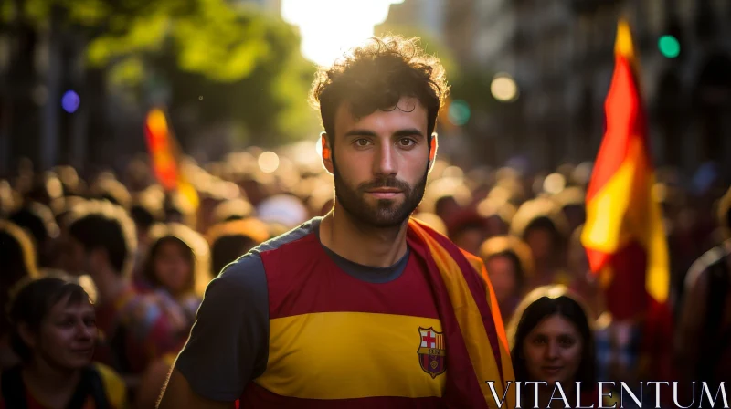 Determined Football Fan in FC Barcelona Jersey AI Image