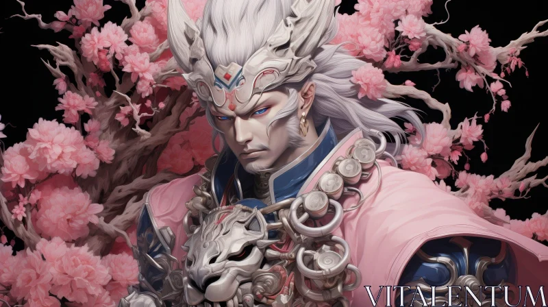 Enigmatic Man Portrait with Wolf Mask and Cherry Blossoms AI Image