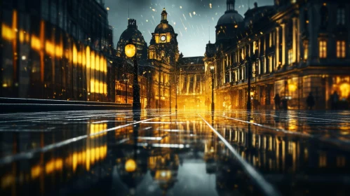 European City Night Streetscape - Rainy Old Buildings View