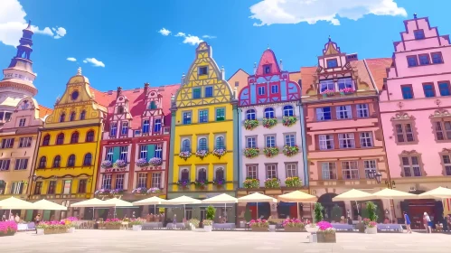 European City Streetscape: Colorful Buildings and Flowers