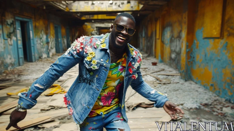 Expressive African-American Man in Colorful Floral Jacket Dancing in Urban Ruins AI Image
