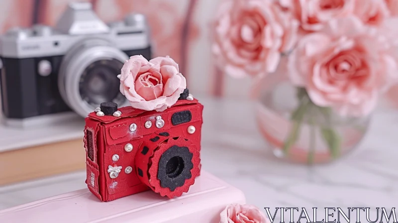 AI ART Exquisite Camera-Shaped Cake with Sugar Flowers and Pearls