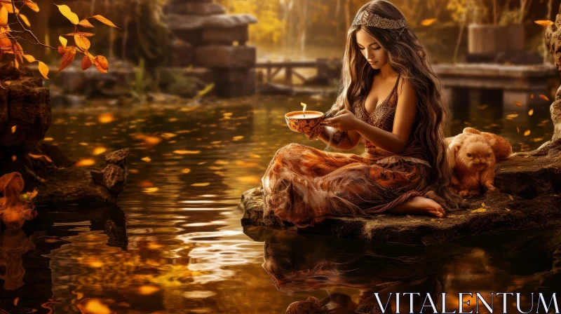 Golden Fantasy Woman by the Lake AI Image