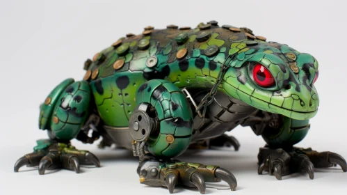 Green Steampunk Toy Frog with Red Eyes and Black Horns