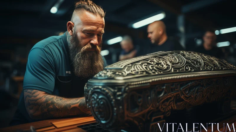 Intriguing Scene: Bearded Man with Silver Casket AI Image