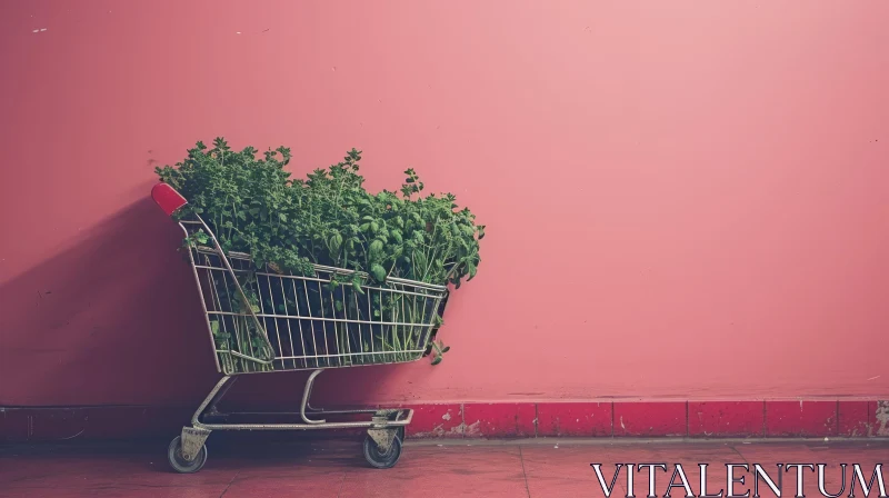 Lush Green Plants Overflowing in a Shopping Cart Against a Pink Wall AI Image