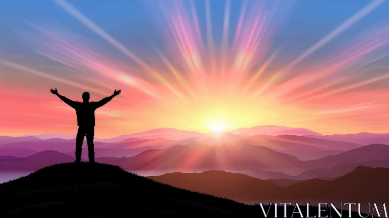 Man Celebrating Success on Mountaintop at Sunset AI Image