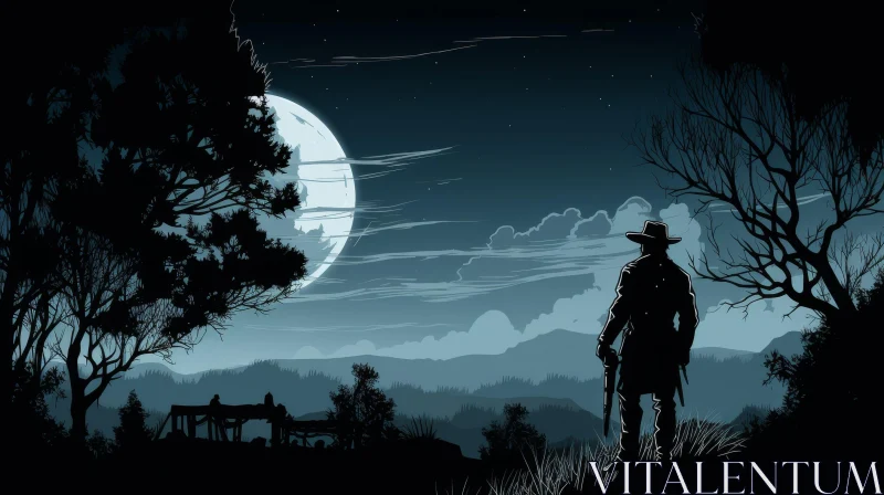 Moonlit Cowboy: Digital Painting of a Lone Figure in the Night AI Image