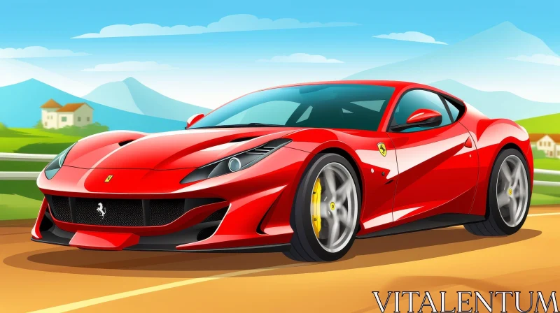 Red Ferrari F8 Tributo Driving in Countryside AI Image