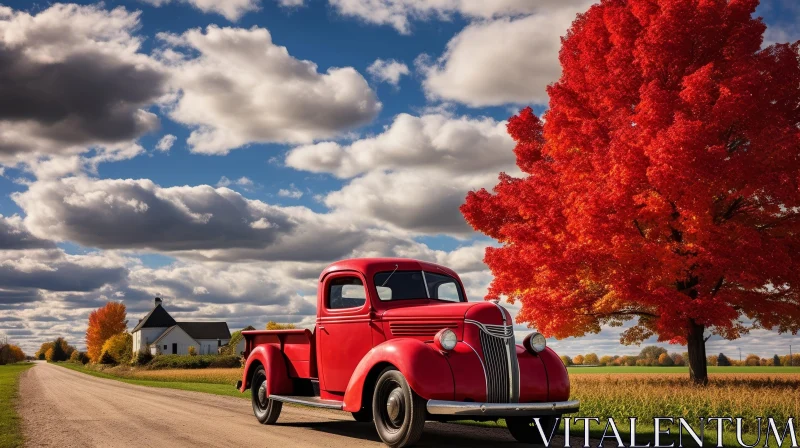 Red Vintage Truck on Rural Road AI Image