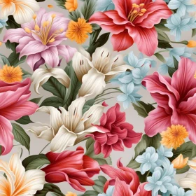 Seamless Floral Pattern with Lilies, Hibiscus, and Roses