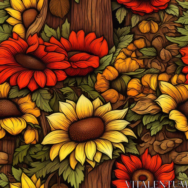 Sunflowers and Leaves Seamless Pattern on Wood Grain Background AI Image