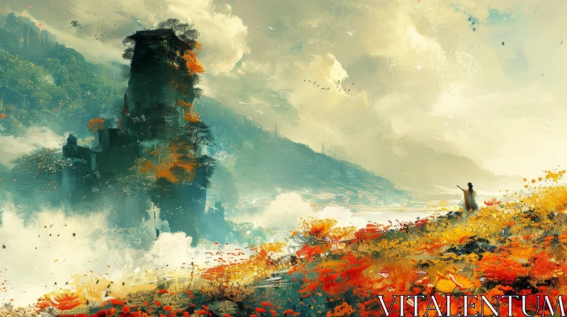 Tranquil Landscape Painting with Tower, Flowers, and Mountains AI Image