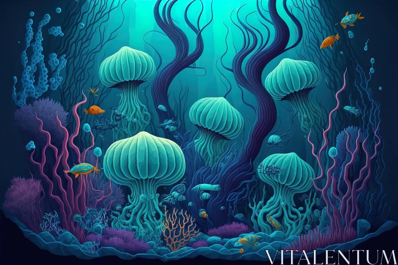 Underwater Jellyfish and Coral Fantasy Illustration AI Image