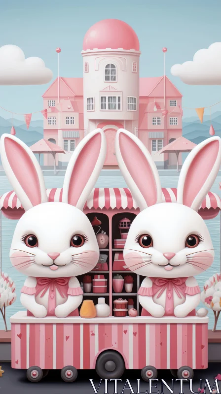 Bunnies and Castle Seaside Scene in Grocery Art Style AI Image