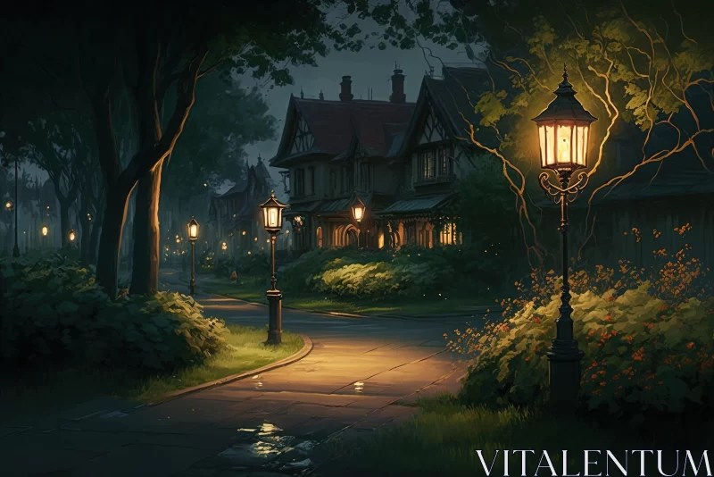 Captivating Street Scene Painting: Lamp Post and Trees in English Countryside AI Image