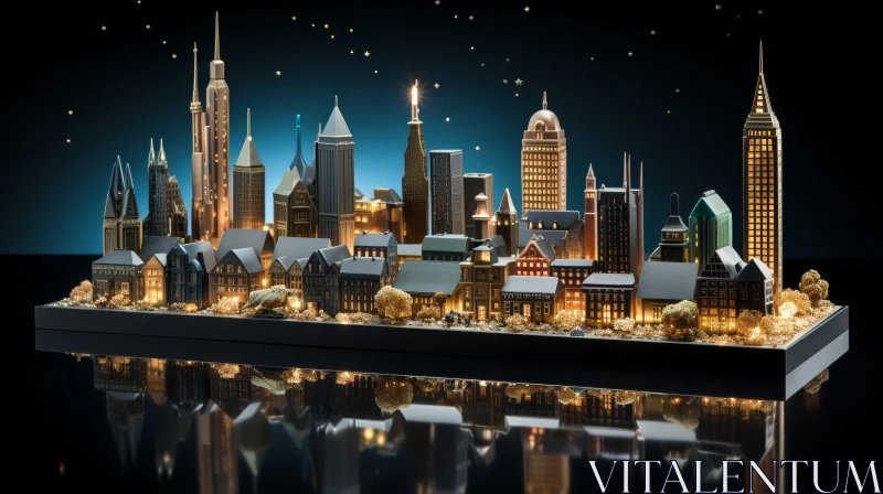 AI ART City at Night - 3D Rendering of Illuminated Skyscrapers
