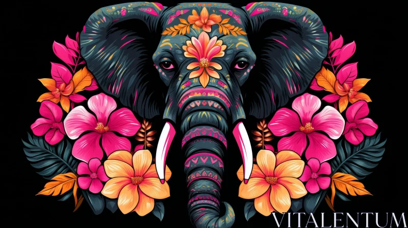 Colorful Elephant Head Illustration with Floral Decorations AI Image