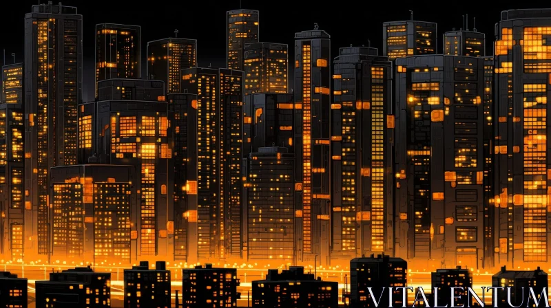 Enigmatic Urban Night: Cityscape with Illuminated Buildings AI Image