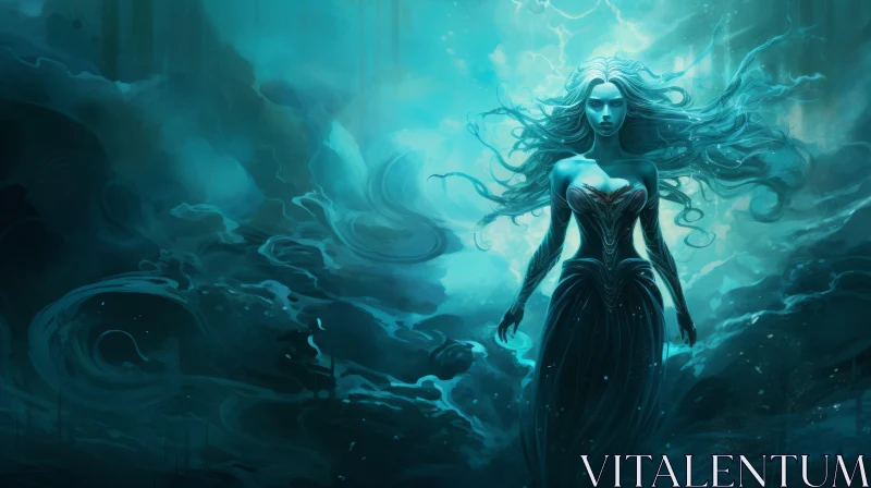 AI ART Enigmatic Woman in Blue Dress Standing in Dark Sea
