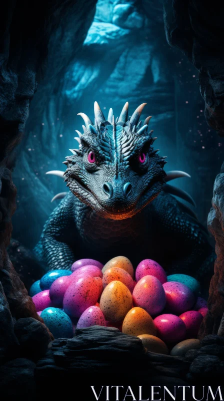 Enthralling Dragon Portrait with Colorful Eggs in a Cave AI Image