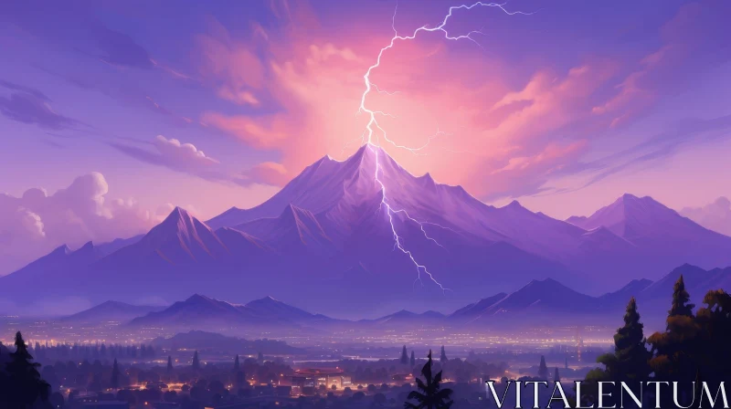 Night Mountain Range Landscape with Lightning Strike AI Image
