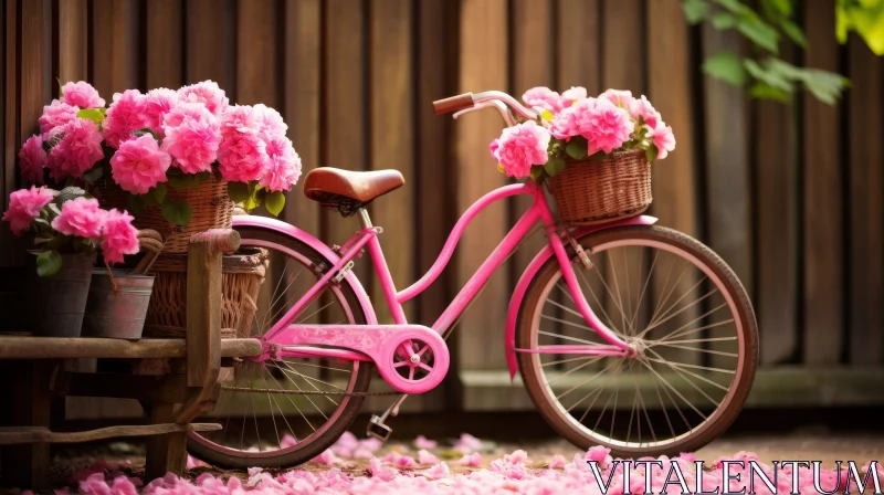 Pink Bicycle with Basket of Flowers in Garden AI Image