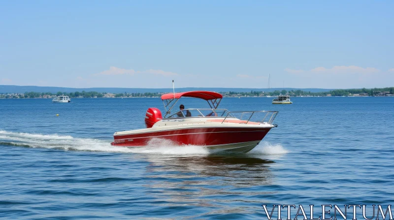 Red and White Speedboat Cruising on a Lake AI Image