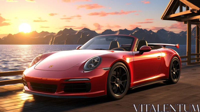 Red Porsche 911 Carrera S Cabriolet on Wooden Dock at Sunset AI Image