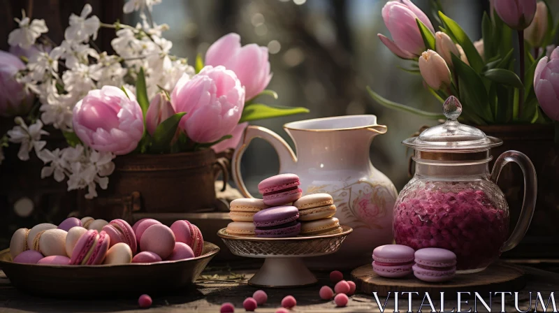 Romantic Still Life: Pink Flowers and Macarons Art AI Image