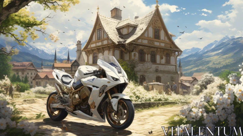 Snow-Capped Mountain Town Landscape with Motorcycle and River AI Image