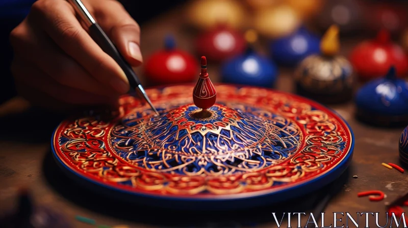 Traditional Decorative Plate Painting on Wooden Table AI Image