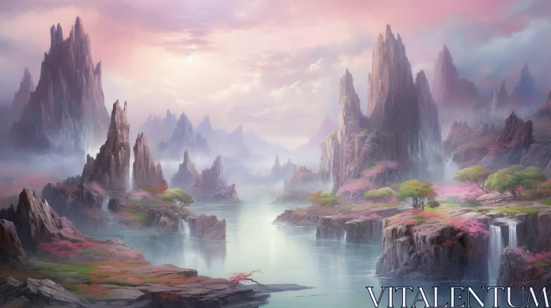 Tranquil Mountain Valley Landscape Painting AI Image