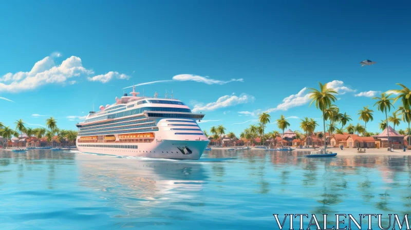 Tranquil Seascape with White Cruise Ship and Palm Trees AI Image
