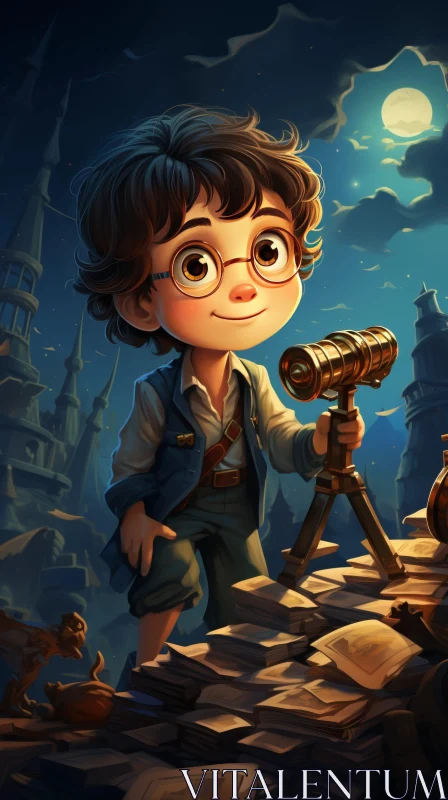 Young Boy Cartoon Illustration with Telescope and Castle AI Image