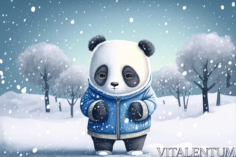 AI ART Adorable Panda Bear in Blue Jacket Standing in Snow - Dreamlike Illustration