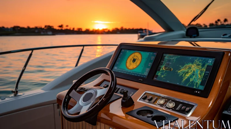 Boat Steering Wheel and Control Panel at Sunset AI Image