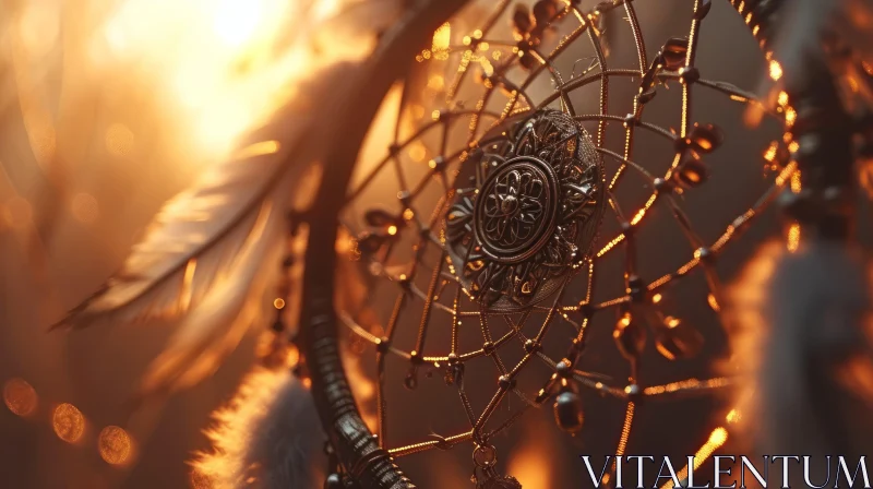 Close-Up Dreamcatcher Image | Metal Hoop, Leather Web, Feathers, Beads AI Image