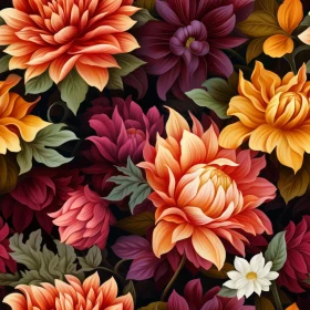 Dark Floral Seamless Pattern with Dahlias, Roses, and Lilies