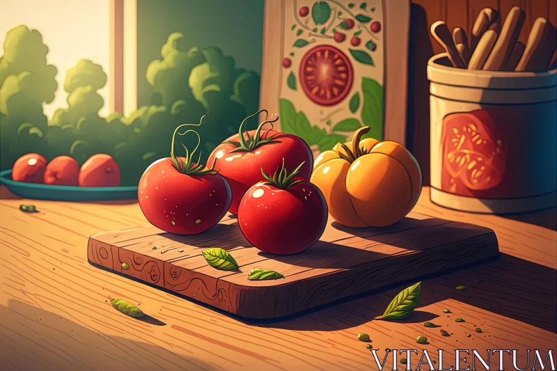 AI ART Delicate Tomato on Wooden Board: Editorial Illustrations in Vibrant Manga Style