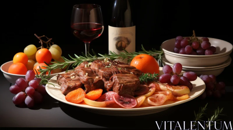 Delicious Still Life: Steak, Roasted Vegetables, Fruit, and Wine AI Image