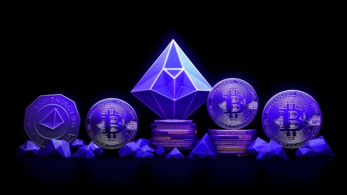 Futuristic 3D Rendering of Ethereum and Bitcoin Crypto Currency