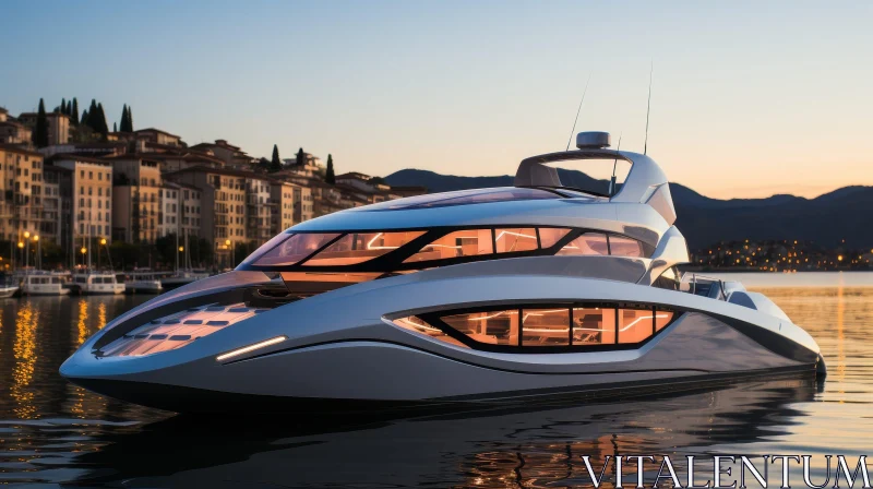 AI ART Futuristic Yacht in Marina with Cityscape Background