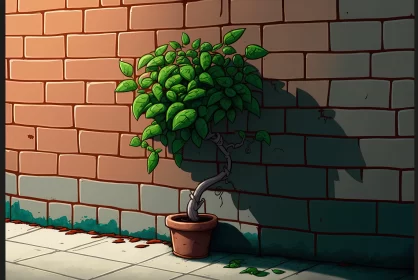 Hyper-Detailed Surrealistic Illustration of a Potted Plant Against a Brick Wall