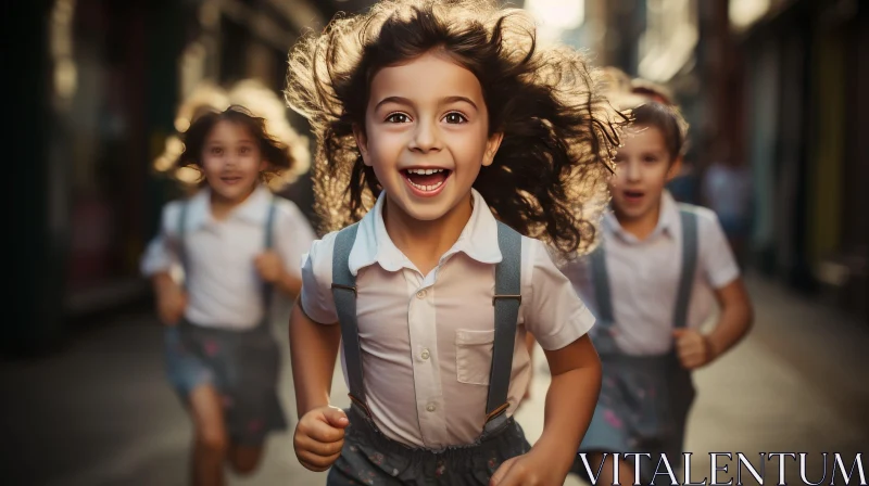 Joyful Children Running Down City Street AI Image