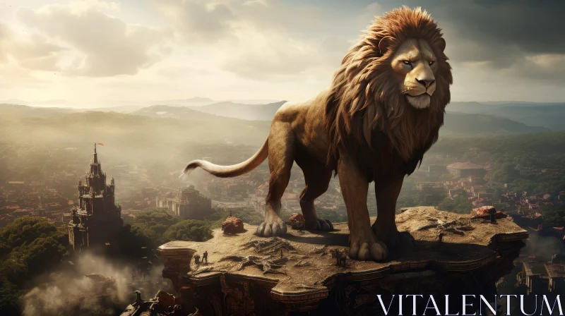 Majestic Lion Overlooking Cityscape in Digital Painting AI Image