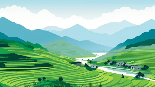 Mountain Landscape with Terraced Rice Fields Illustration