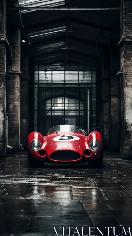 Red Classic Racing Car in Old Warehouse - Elegant and Emotive AI Image
